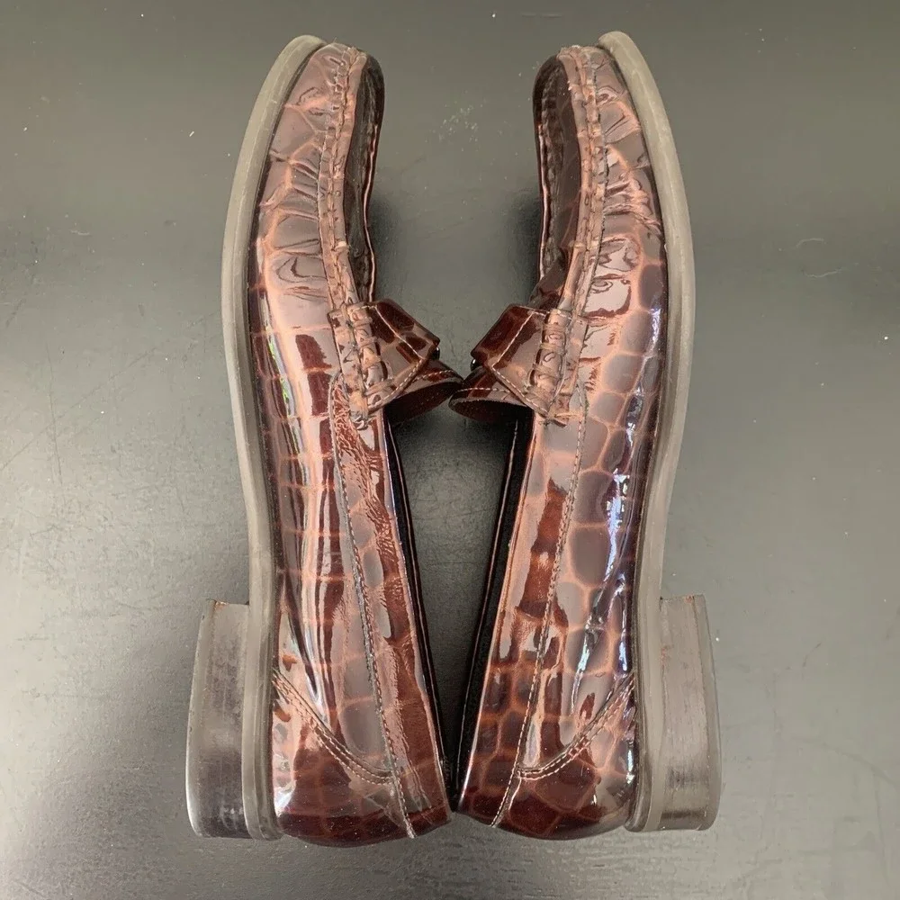 Etienne Aigner CHICKLET 7.5 Brown Crocodile Leather Flat Loafers Buckle Shoes